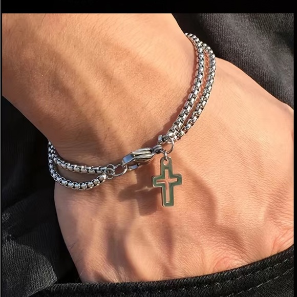 Silver Titanium Steel Double Chain Unisex Cross Bracelet - Picture 2 of 5